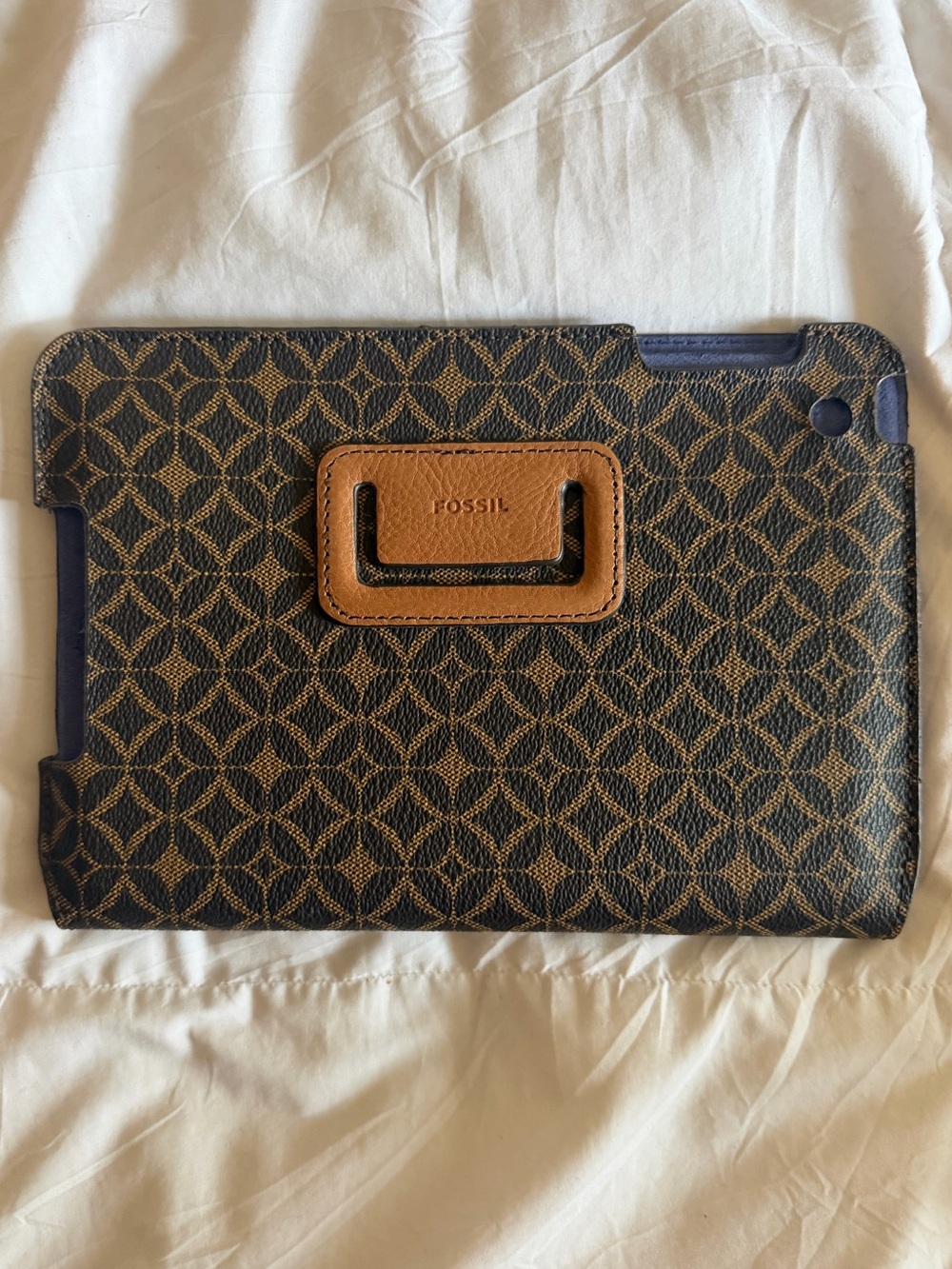 Fossil Leather Monogram Tablet Case with Suede Lining ~ tan, brown, navy